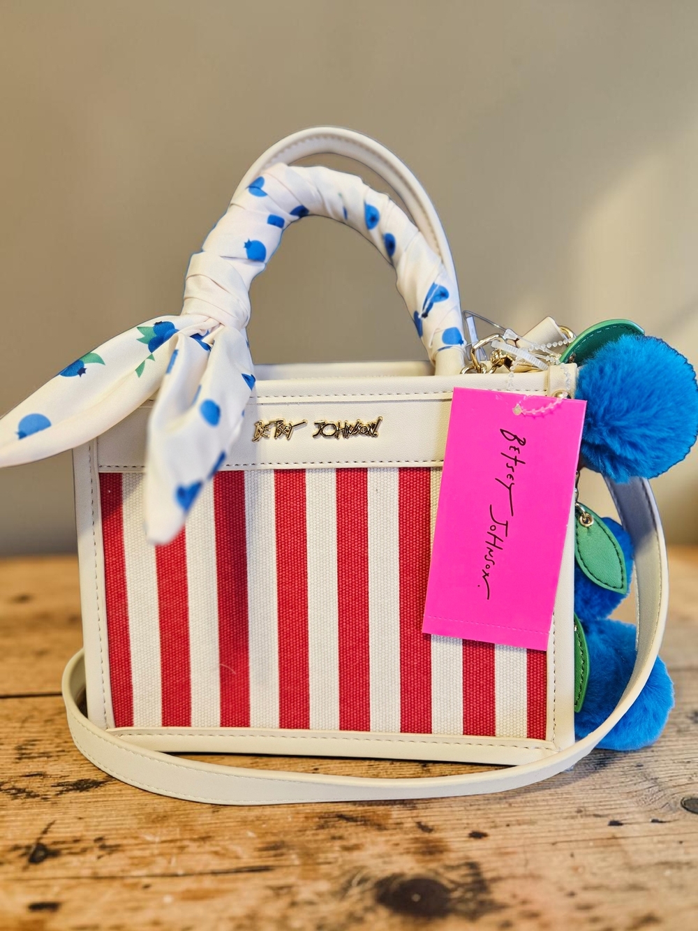NEW Betsey Johnson Red Stripes Satchel Bag With Blueberries Bag Charm And Scarf - Picture 2 of 5
